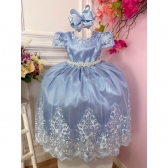 Vestido Infantil Azul Com a Renda Realeza e Cinto de Pérolas