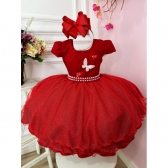 Vestido Infantil Vermelho C/ Aplique de Borboletas Glitter