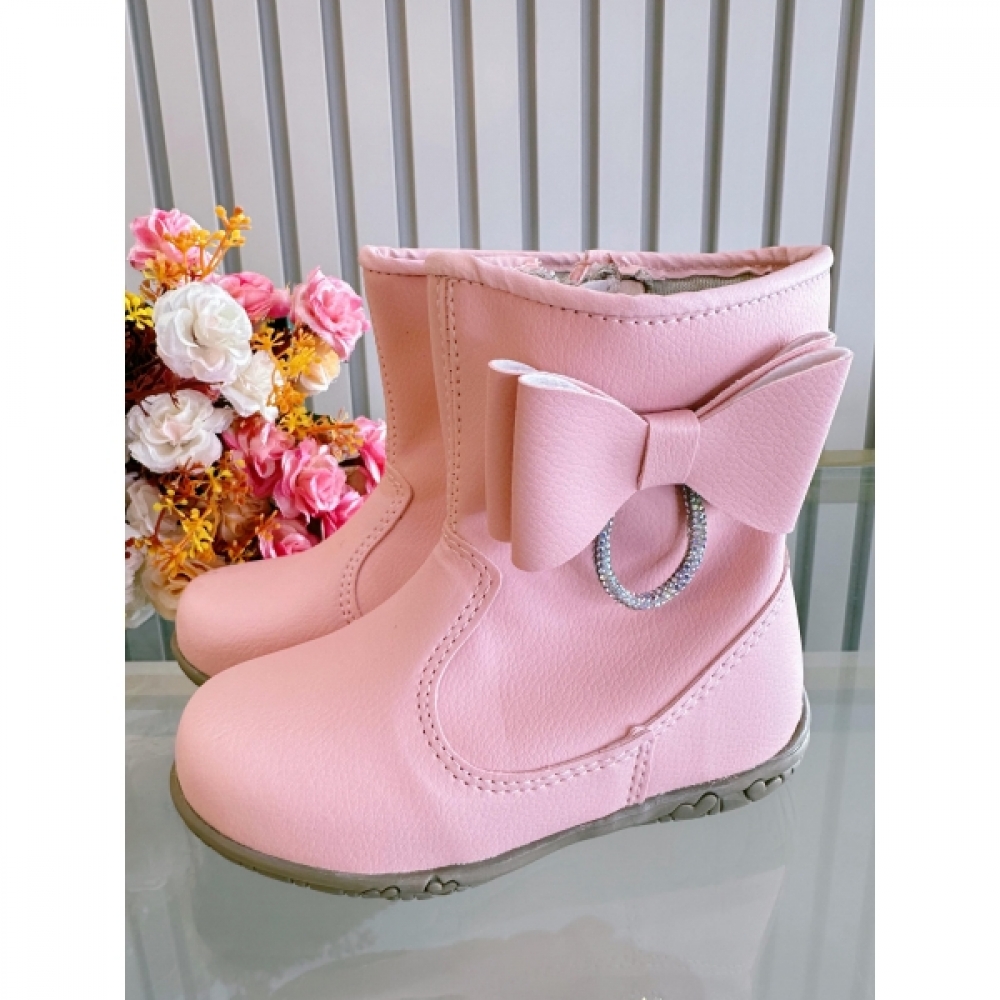 Botinha Infantil Rosa Fosco Com Lacinho Strass e Zíper