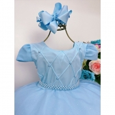 Vestido Infantil Azul Peito Nervura Cinto Pérolas Luxo