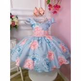 Vestido Infantil Azul Florido C/ Aplique de Borboletas Luxo
