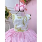 Vestido Infantil Branco Com Rosa e Renda Realeza Damas