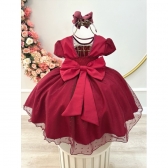 Vestido Infantil Marsala C/ Tule Pipoquinha Luxo C/ Pérolas - Marsala