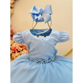 Vestido Infantil Azul Claro Busto Nervura Pérolas e Strass - Azul claro