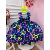 Vestido Infantil Barbie Azul Marinho Neon C/ Broche de Laço