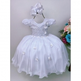 Vestido Infantil Branco C/ Renda Luxo C/ Aplique Flores