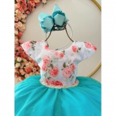Vestido Infantil Branco Florido Saia Verde Busto C/ Strass