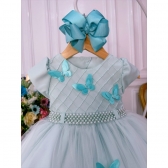 Vestido Infantil Verde Claro Peito Nervura Aplique Borboleta