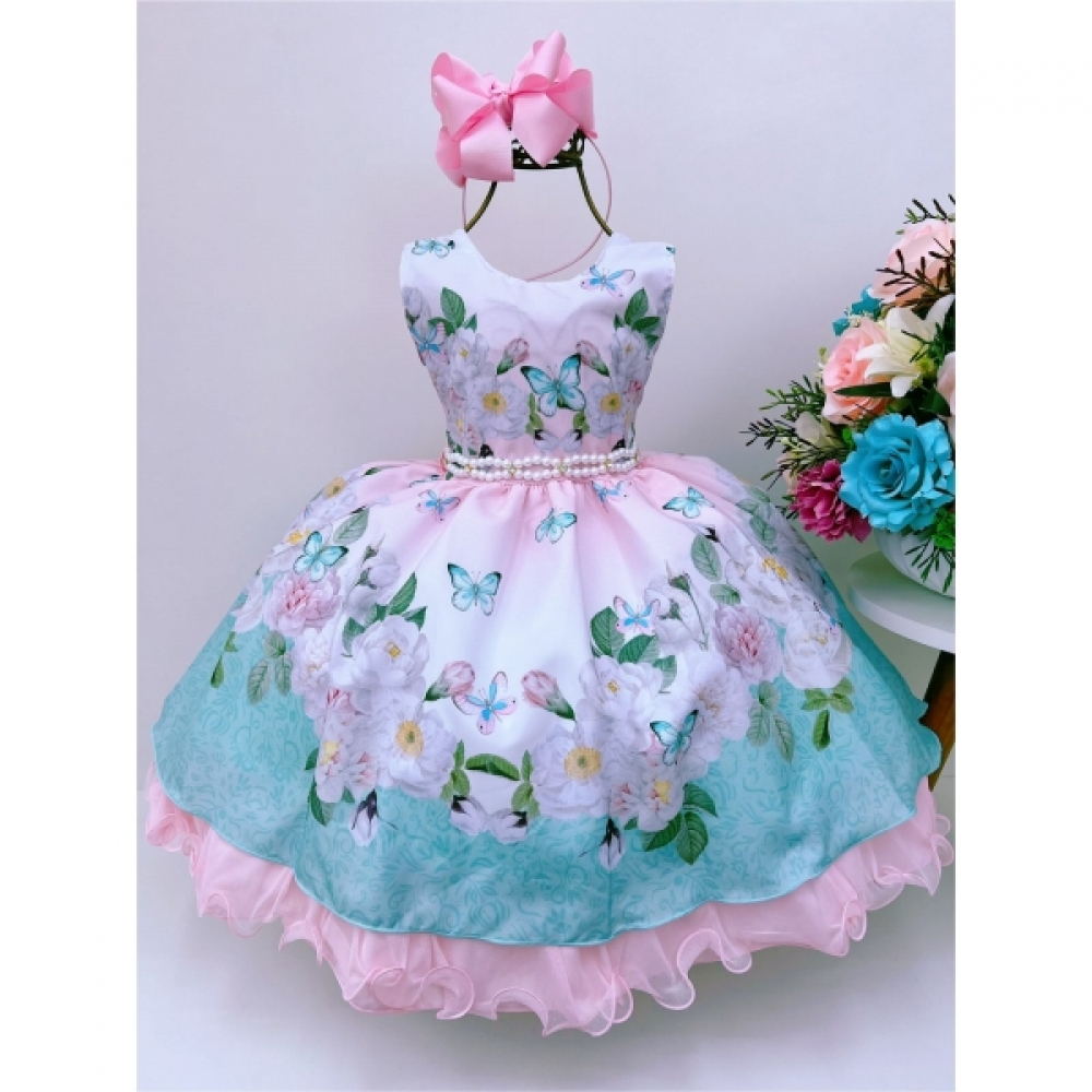 Vestido Infantil Jardim das Borboletas Rosa Cinto de Pérolas