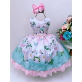 Vestido Infantil Jardim das Borboletas Rosa Cinto de Pérolas