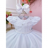 Vestido Bebê Branco Busto C/ Renda e Pérolas Batizados