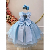 Vestido Infantil Azul C/ Aplique de Borboletas e Flores