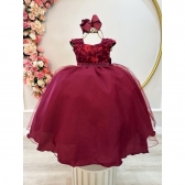 Vestido Infantil Marsala Saia Com Tule e Busto Bordado