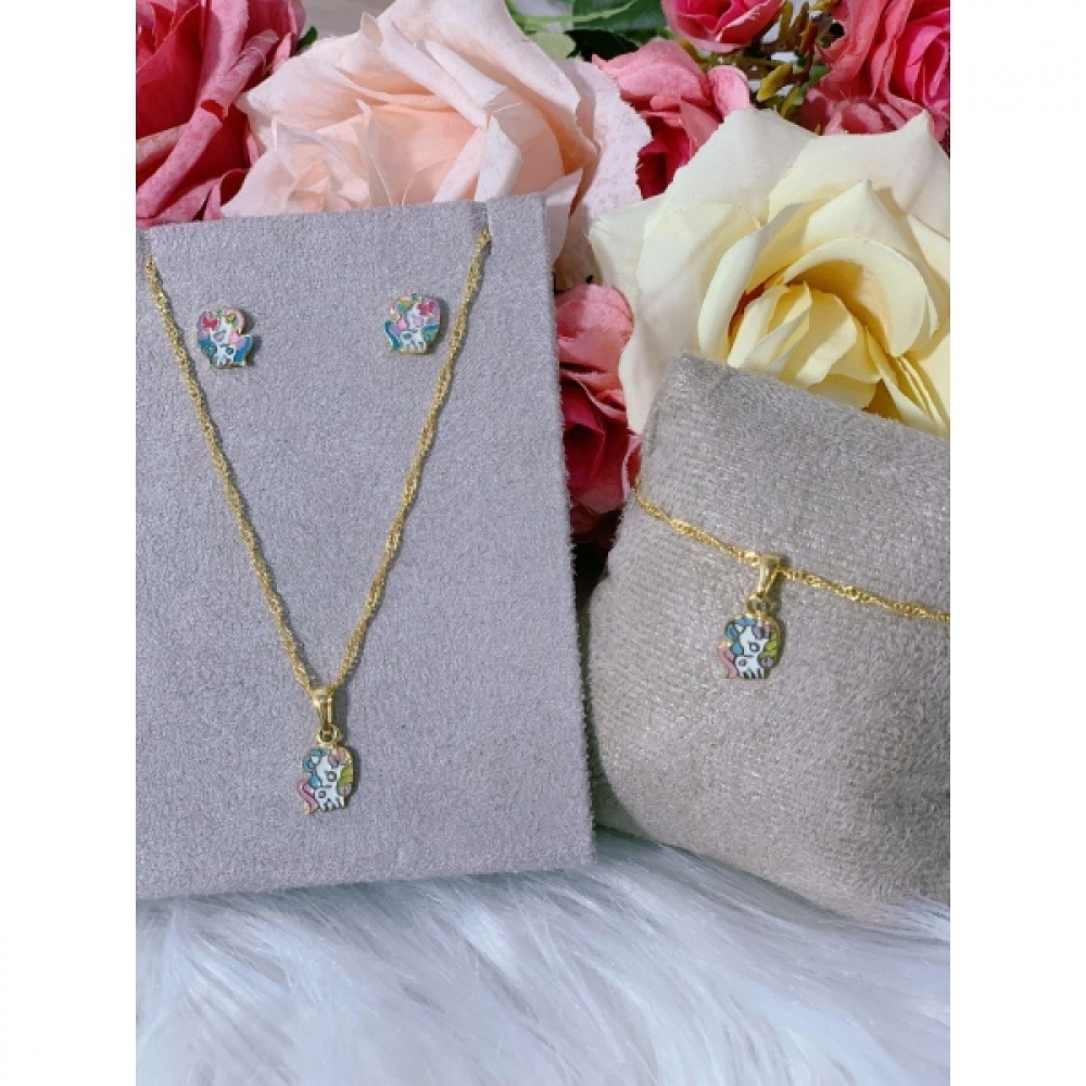 Conjunto Colar Brinco e Pulseira Infantil Unicórnio