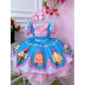 Vestido Infantil Fazendinha Vaquinha e Porquinho Rosa e Azul - Colorido