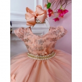 Vestido Infantil Salmão Bordado C/ Borboletas e Pérolas