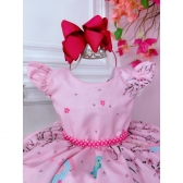 Vestido Infantil Rosa Jardim Encantado C/ Cinto de Pérolas - Rosa Claro