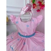 Vestido Infantil Rosa Turma do Circo Com Estrelas Pérolas