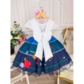 Vestido Infantil Encanto Jardim Azul C/ Cinto Pérolas