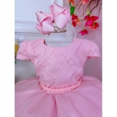 Vestido Infantil Rosa Peito Nervura Cinto de Pérolas Strass