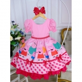Vestido Infantil Família Peppa Rosa Chiclete Peito Strass