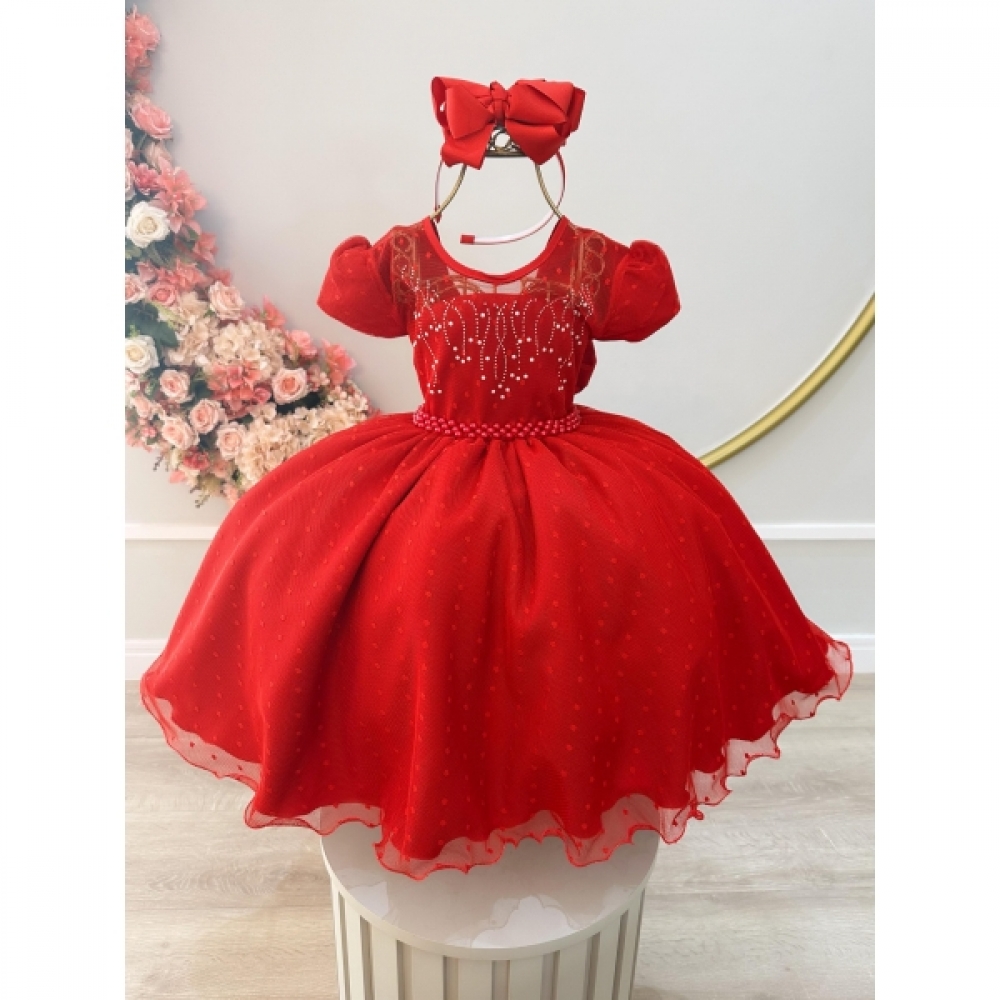 Vestido Infantil Vermelho Tule Pipoquinha Luxo C/ Pérolas - Vermelho