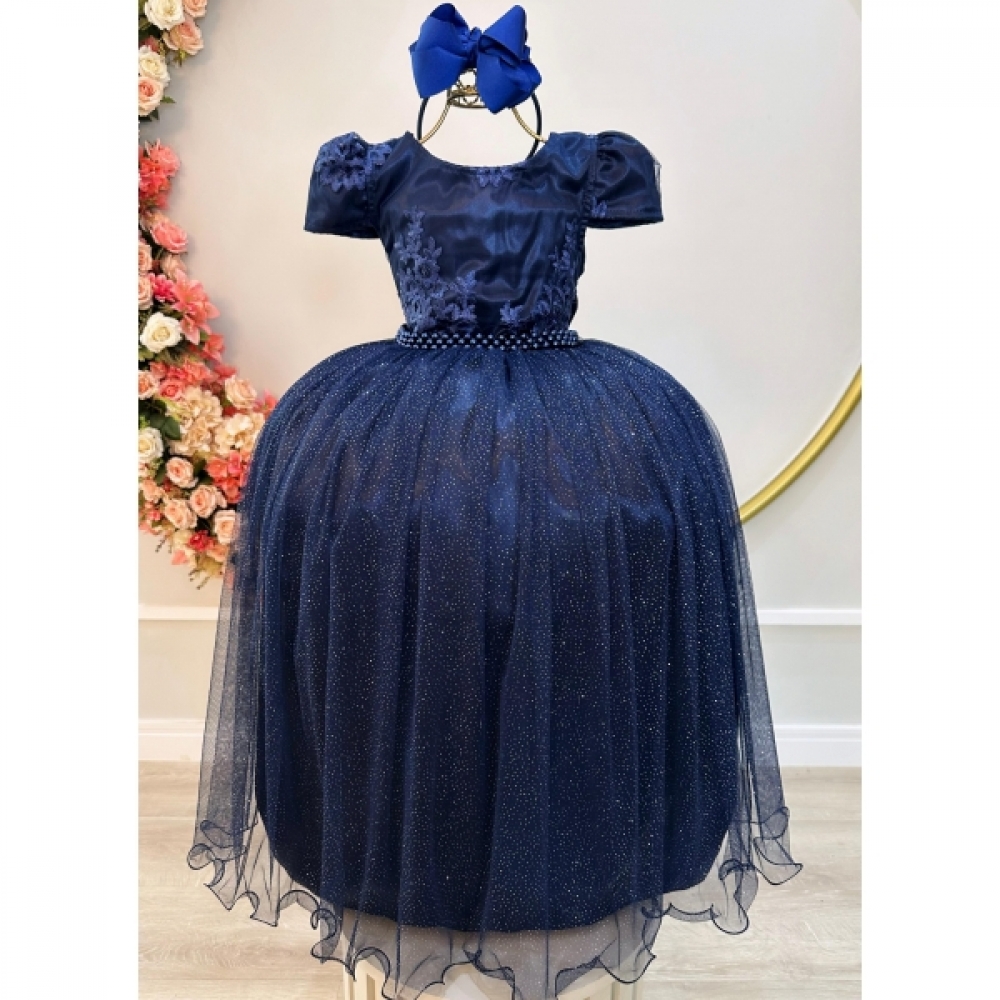 Vestido Infantil Azul Marinho Longo Damas C/ Renda Casamento