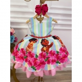 Vestido Infantil Moana Baby Colorido Com Cinto de Pérolas