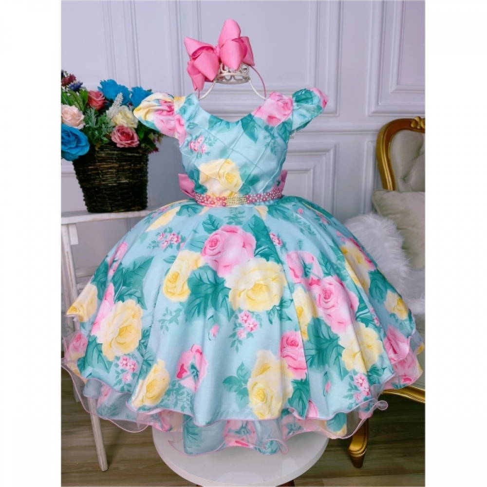 Vestido Infantil Verde Busto Nervura Florido Pérolas Strass
