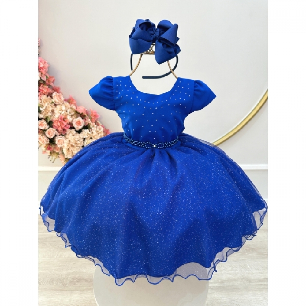 Vestido Infantil Azul Royal Busto C/ Strass Festas Daminhas