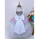 Vestido Infantil Unicórnio Colorido Babados C/ Tiara Luxo