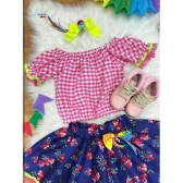 Conjunto Meninas Junino Rosa Xadrez Cropped Mini Saia Azul