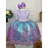 Vestido Infantil Ariel Princesa C/ Renda e Cinto de Pérolas