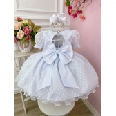 Vestido Bebê Branco Com Poá e Pérolas Batizados Festas