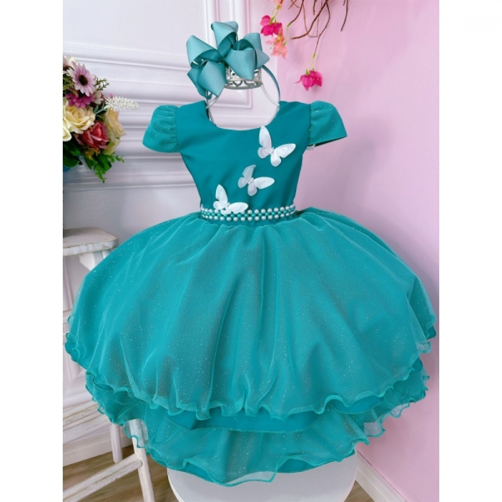 Vestido Infantil Verde Aplique de Borboletas Glitter