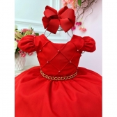 Vestido Infantil Vermelho Cinto de Pérolas Casamento Luxo