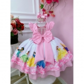 Vestido Infantil Rosa Princesas da Disney Cinto de Pérolas