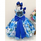 Vestido Infantil Azul Florido C/ Pérolas e Strass Luxo
