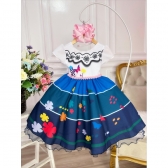 Vestido Infantil Encanto Jardim Azul C/ Cinto Pérolas