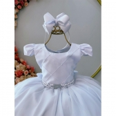 Vestido Infantil Branco Busto Nervura Pérolas Strass Luxo