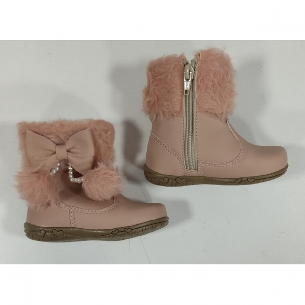 Botinha Infantil Nude Laço e Pompom Com Zíper Super Luxo