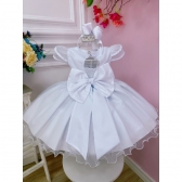 Vestido Infantil Branco C/ Aplique Flores Borboletas e Renda