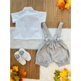 Conjunto Social Bebê C/ Camisa Short Gravata e Susp. Cinza - Cinza