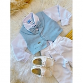 Conjunto Social Bebê Camisa Colete e Gravata Azul C/ Calça Branca - Branco e Azul