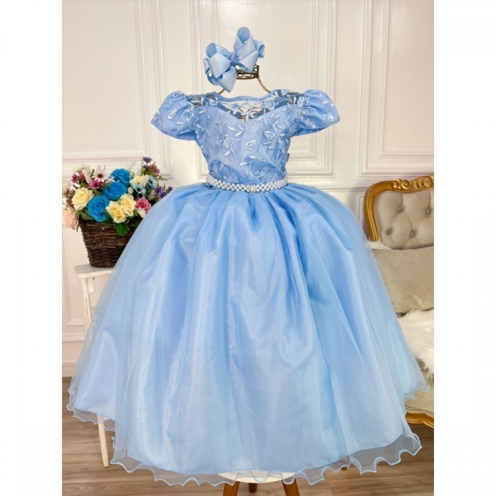 Vestido Infantil Azul Dama Honra Casamento Renda e Pérolas