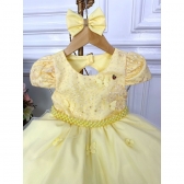 Vestido Infantil Amarelo Renda Aplique Flor Borboleta e Laço