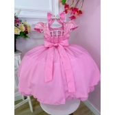 Vestido Infantil Rosa Chiclete C/ Renda Cinto Pérolas e Laço - Rosa Chiclete