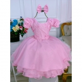 Vestido Infantil Aurora Rosa C/ Borboletas Laço e Glitter