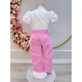 Conjunto infantil Com Blusa Branca e Calça Rosa Bolsinha