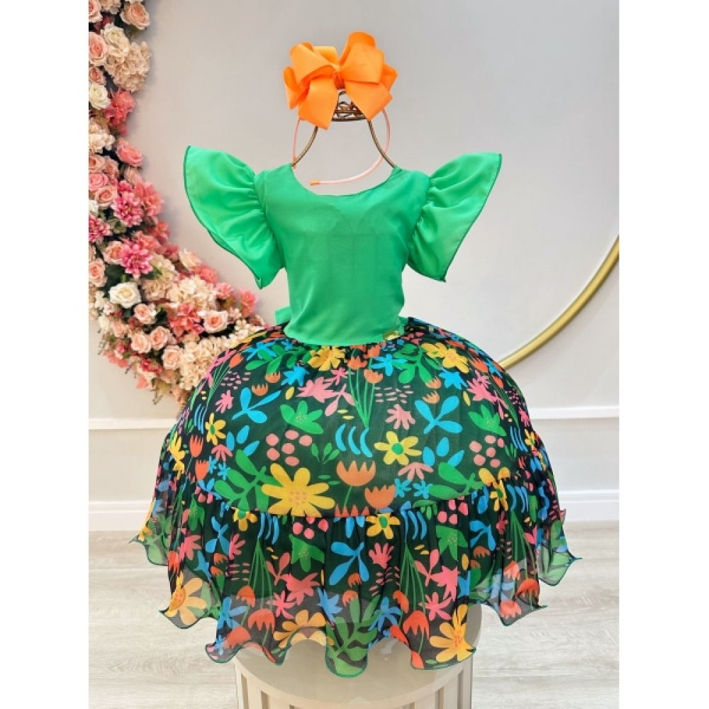 Vestido Infantil Verde Com Saia Florida Colorida Luxo